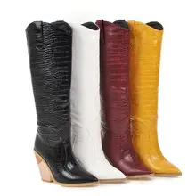 Женские ботинки Martin из джинсовой ткани с острым носком на высоком каблуке в западном стиле; Винтажные ботинки на толстом каблуке; женские красивые зимние сапоги с рыбками