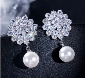 

wholesale 2pairs/lots quality chaming Crystal diamond jewelry stone 925 silver pearl lady's earings 17nn