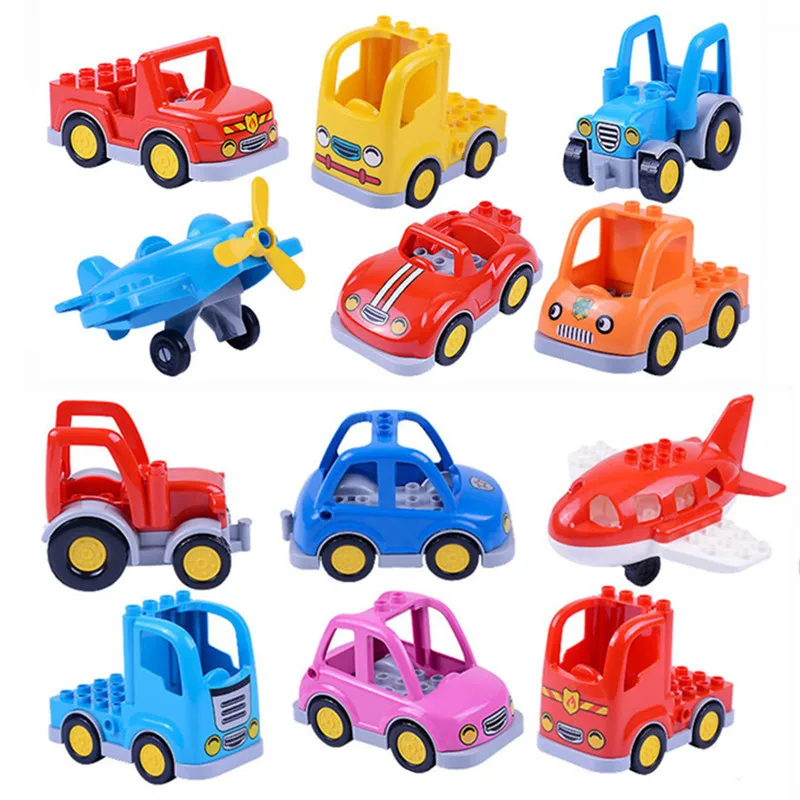 

Model Building Blocks Cartoon Airplane Jeep Car Trailer Tractor Plane Truck Educational Vehicle Toy Bricks For Children Kid Gift