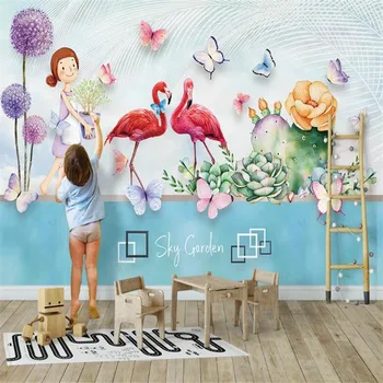 

Custom 3D Wallpaper Mural Butterfly Flamingo Heart-shaped Succulent Plant Dandelion Background Wallpaper Mural