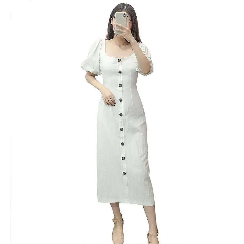 Элегантное Белое Женское летнее платье 2019 с коротким рукавом из хлопка круглым