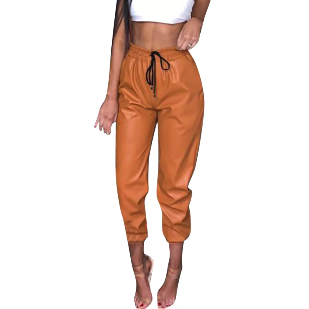 Женские высокие сапоги из искусственной кожи кожаные брюки Высокая Талия джоггеры брюки; штаны; - Цвет: Brown
