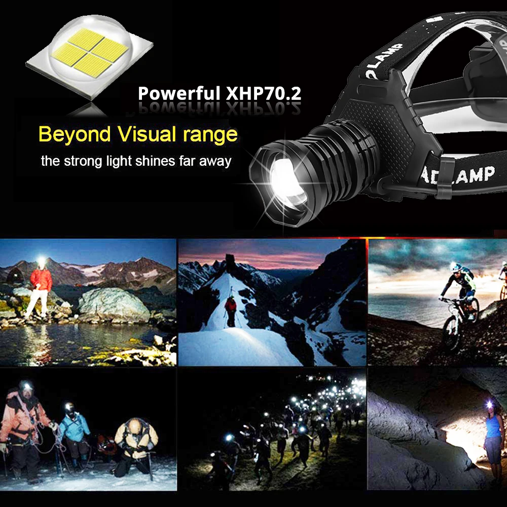 Мощный XHP70.2 светодиодный налобный фонарь с подзарядкой от USB, 5 режимов, водонепроницаемые фары с зумом, можно заряжать телефон от аккумулятора 18650