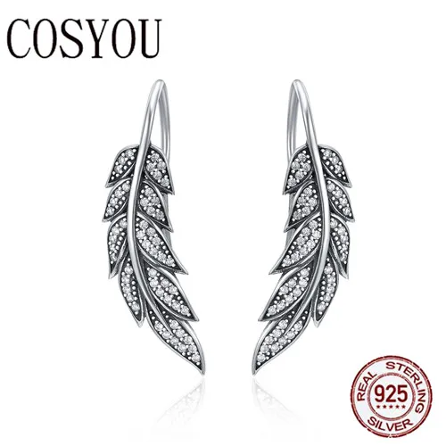 

COSYOU Fashion 925 Sterling Silver Vintage Feather Wings Long Drop Earrings for Women Sterling Silver Jewelry Brincos SCE215