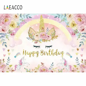 

Laeacco Baby Cartoon Unicorn Party Rainbow Flowers Gloden Watercolor Style Dreamy Backdrop Photography Studio Background