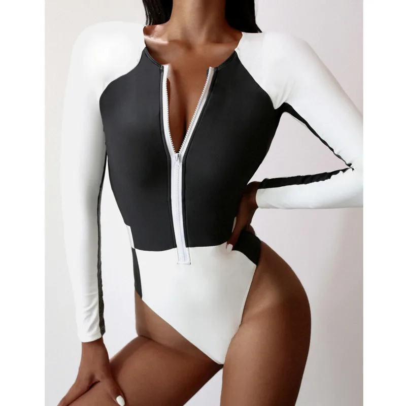 One-Piece Swimsuit Surfing Long-Sleeve Beach-Bather Sports Womens Zipper Patchwork
