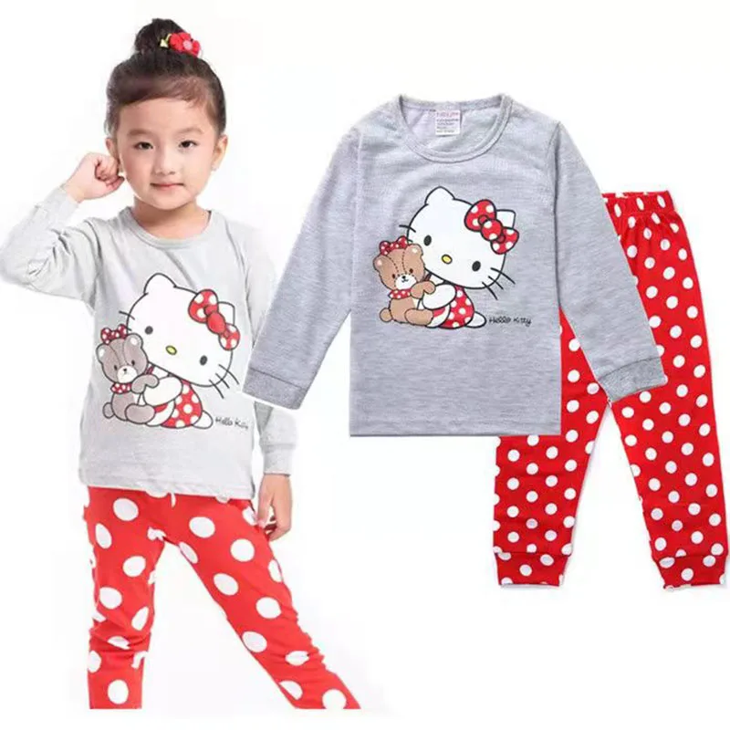 thumbnail image 1 of Hello Kitty Girls primavera y otoño nuevo algodón de manga larga servicio a domicilio camiseta de dibujos animados para niños + pantalones pijama conjunto de ropa interior, 1 of 5