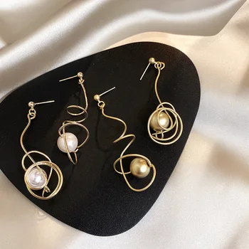

2019 S925 Silver Pin Gold Metal Line Pearl Long Earrings for Women Distorted Irregular Circle Curve Drop Earring Pendant Jewelry