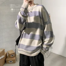 

Men Oversize Pullovers Classic Retro Striped High Quality Korean Style Slouchy All-match Basic Sweaters Trendy Students Couples