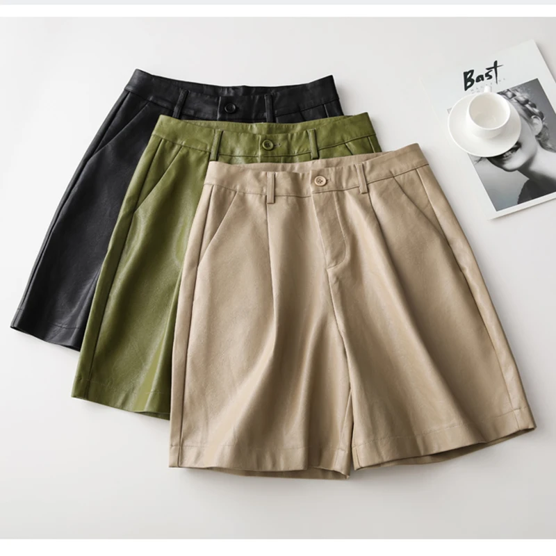 QOERLIN Back Buttons S-3XL Fashion PU Leather Shorts Women's Autumn Winter New 2022 Loose Five Points Leather Trousers Shorts