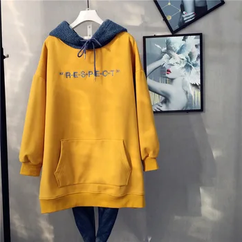 

2020 Winter New Arrival Contrasting Hooded Plus Velvet Sweatshirt Loose Mid-length Thick Plus Size Sweatshirt Free Shipping