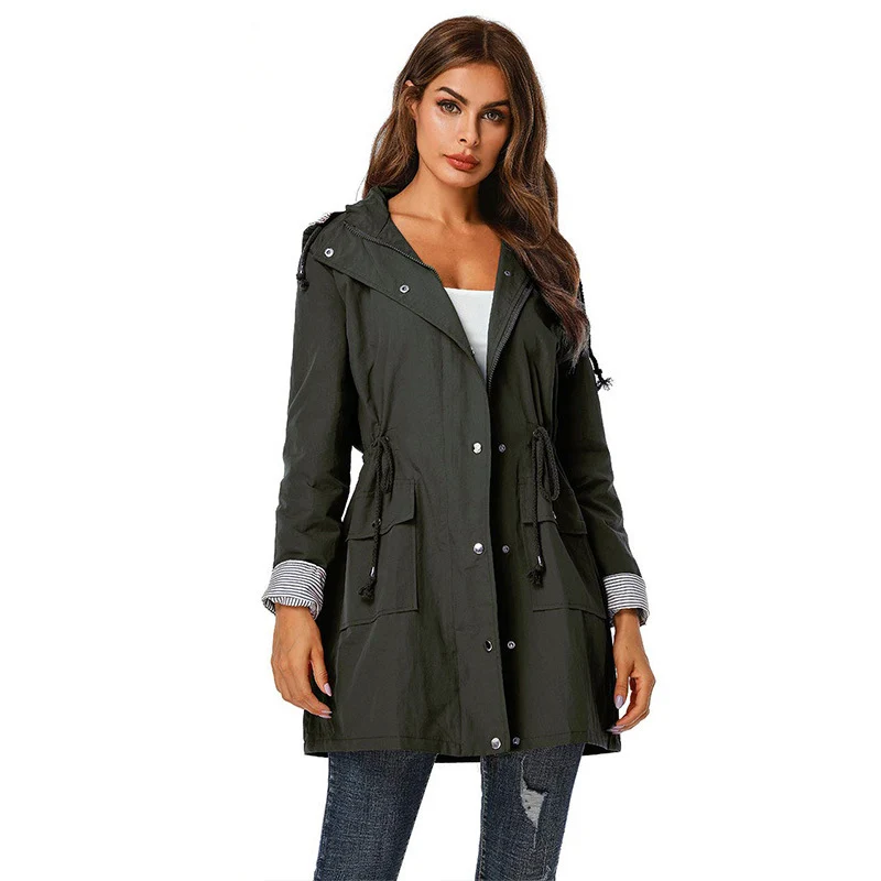 

Autumn Trench Coat Female Casual Waterproof Long Elastic Waist Slim Hooded Outwear Women