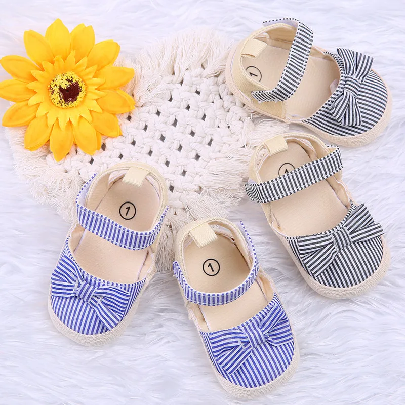 New Summer Newborn Infant Baby Boys Girls Shoes Non-Slip Canvas Stripe Bowknot Toddlers Newborn Infantil Sandals 1