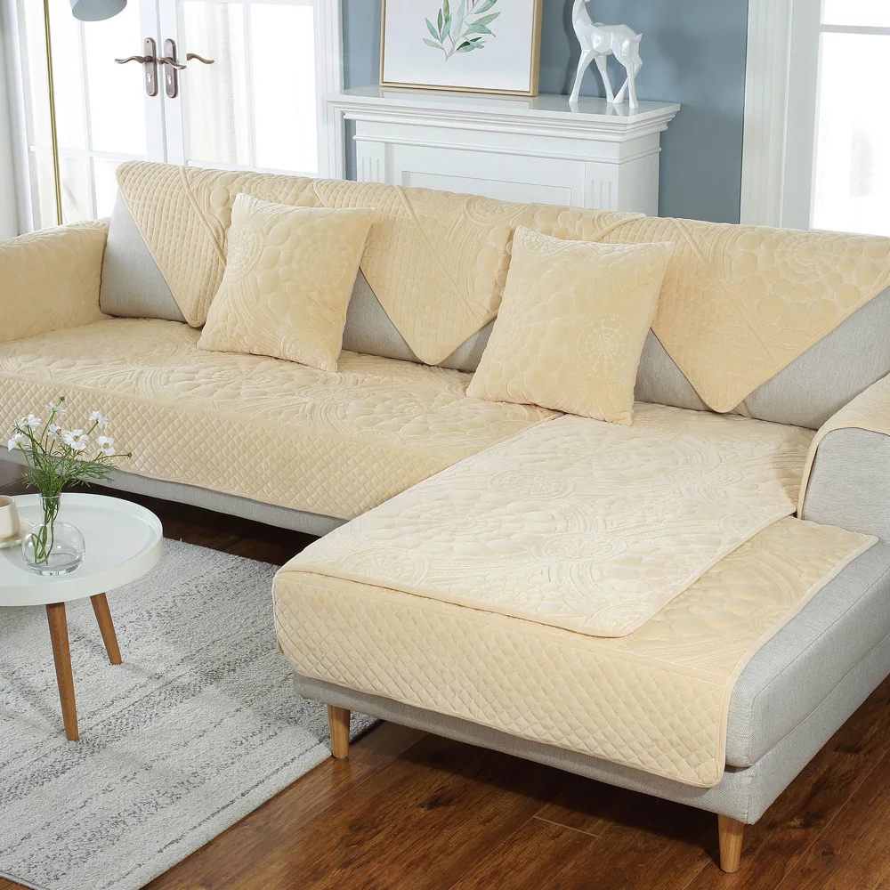 Современный Бархатный Чехол для дивана, нескользящая Толстая плюшевая теплая подушка, угловой диван, полотенце, вышитые чехлы для сидений для гостиной, гостиной