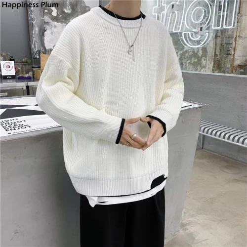

Men Pullover Loose Oversize Fake 2-Piece Winter Warm Knitted Sweater Male Casual Fashion Spliced Cozy Streetwear Clothes Student