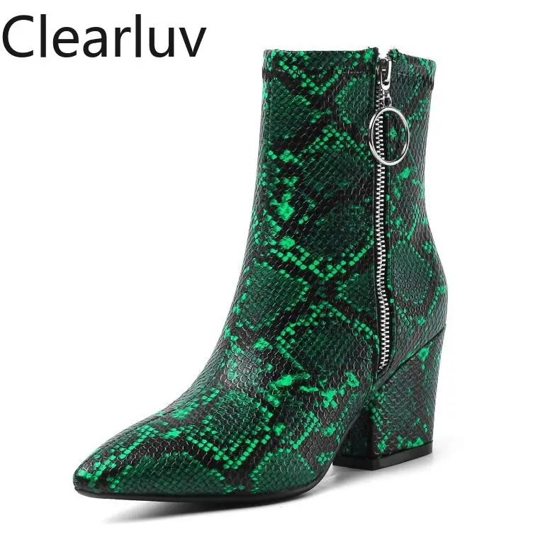 

Europe High-Quality America Women Short Boots Winter Shoes Snakeskin Pattern Ankle Boots Big Size chunky heel ankle boots Punk