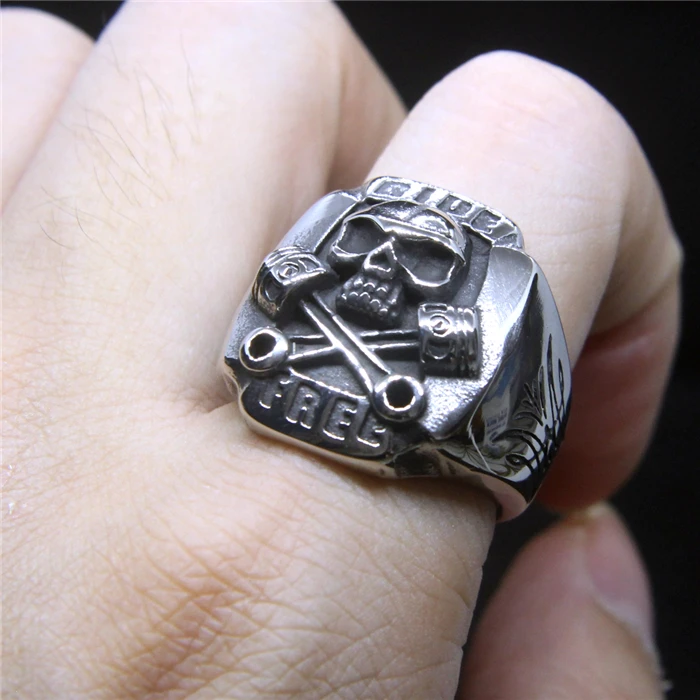 Drop Ship Ride Free Skull Ring 316L Stainless Steel Spanner Biker Skull Ring 4