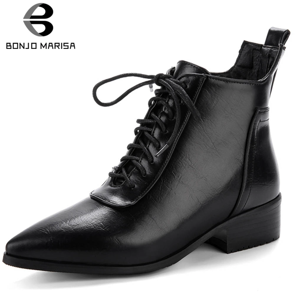 

BONJOMARISA 34-43 Winter Fashion Pointed Toe Fur Booties Ladies Warm OL Black Ankle Boots Women 2019 Casual Med Heel Shoes Woman