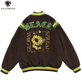 

Aolamegs Baseball Jacket Men Vintage Flowers Letter Embroidery Breasted Jackets Coat Baggy Advanced Harajuku Streetwear Autumn