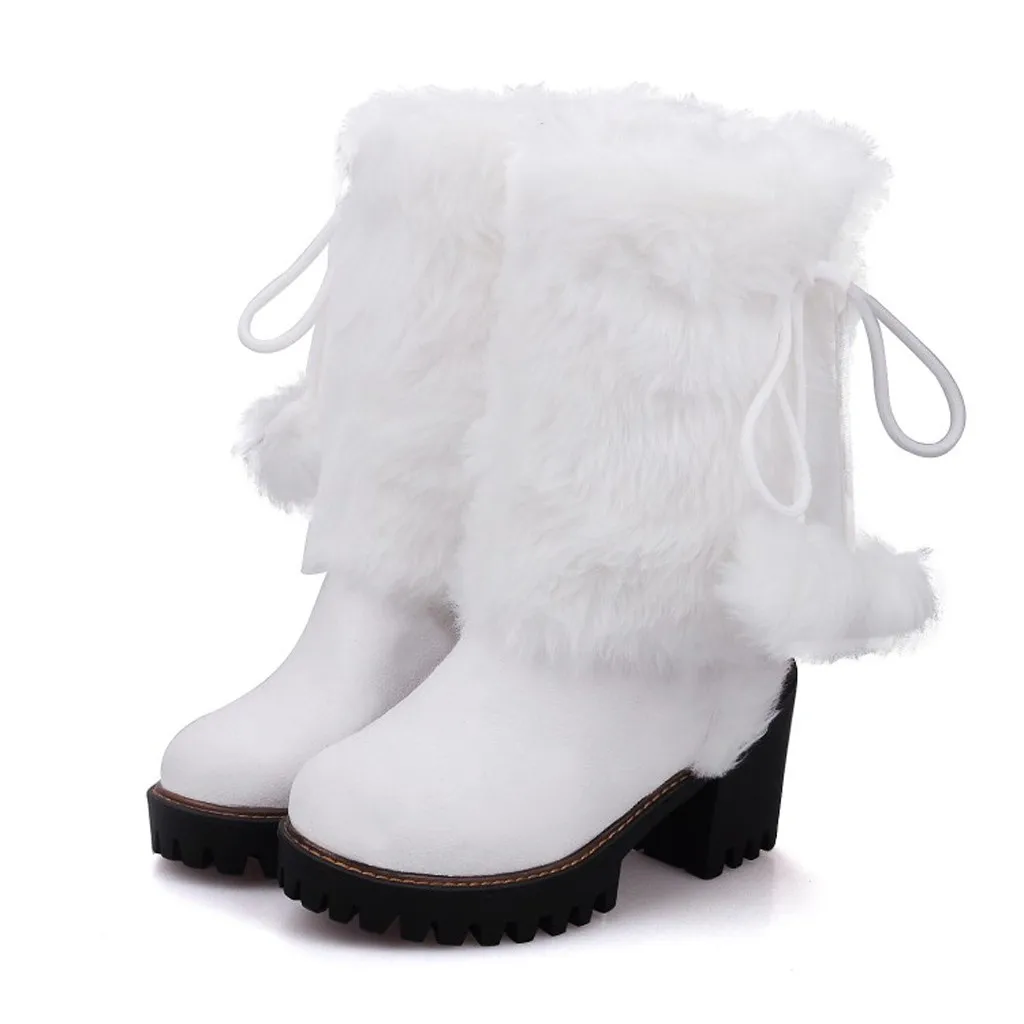 Женские ботинки с искусственным мехом Зимние теплые белые ботильоны на толстом высоком каблуке с плюшевой подкладкой, большие размеры 35-43, обувь для учащихся на платформе