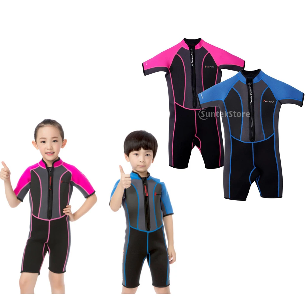Kids Swimsuit Boys Girls Short Sleeve Wetsuit Thermal  Swimsuit Sun Protection for 2-13 Years Old Children Pink/Blue 
