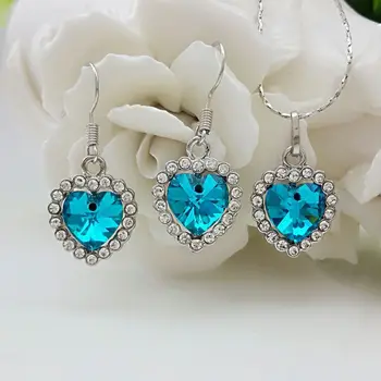 

925 sterling silver love crystal sea blue necklace earrings 2 pieces, ladies birthday gift wedding jewelry set free shipping