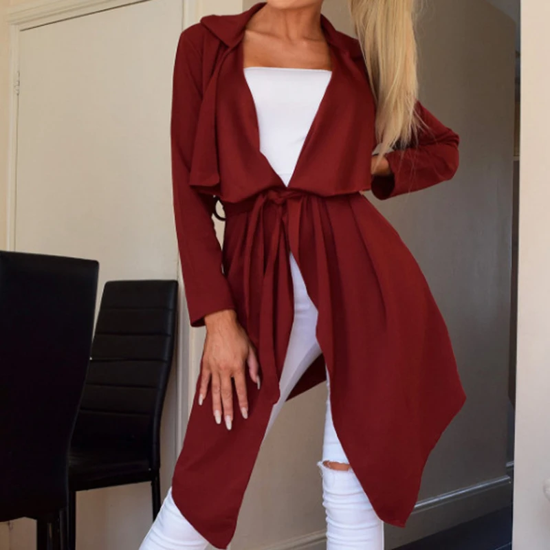 Spring Autumn Windbreaker Office Lady Loose Trench Coat Female Solid Color Cardigan With Belt Women Irregular Hem Lapel | Женская одежда