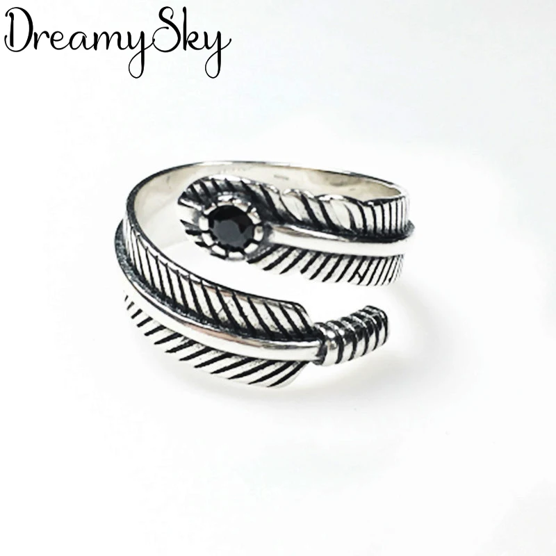 DreamySky Bijoux Boho стильные 925 пробы серебряные кольца с перьями для женщин Подарки большие Регулируемые кольца на палец