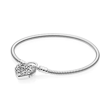 

NEW 100% 925 Sterling Silver Original Classic Logo Charm Heart Lock Basic MOMENT SMOOTH BRACELET WITH SIGNATURE PADLOCK DIY Bead