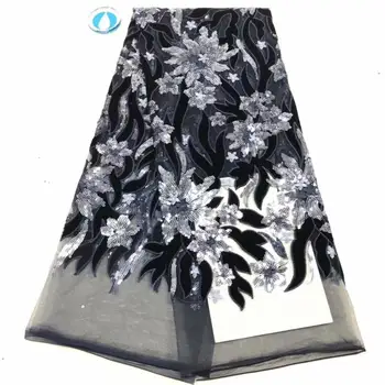 

black Velvet Lace Fabric with Sequined 2019 Hot High Quality Nigerian Sequence Lace French Glitter Mesh Lace Fabric For Women FD