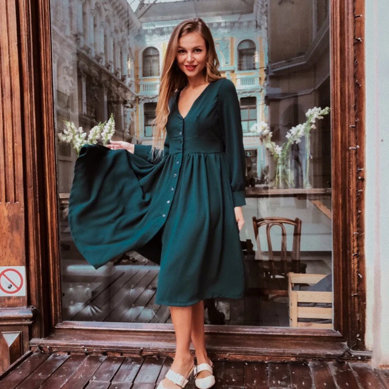 Women Vintage Front Button A-line Party Dress Long Sleeve Sexy V neck Solid Elegant Casual OL 2019 Winter Fashion | Женская одежда