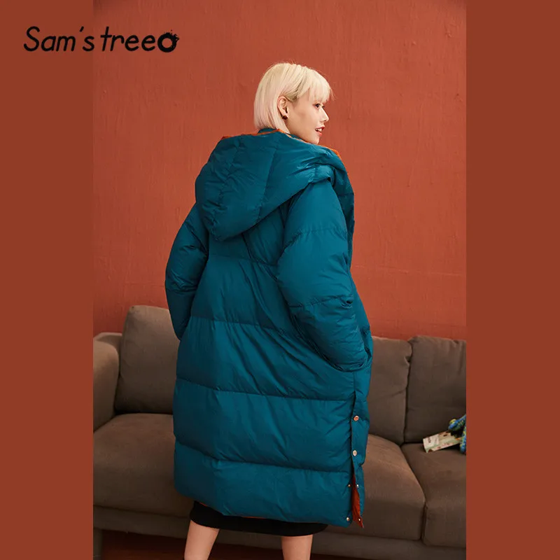 SAM'S TREE павлин синий однотонный бант спереди прямой теплый пуховик для женщин зима корейский Офис Леди Повседневная Верхняя одежда