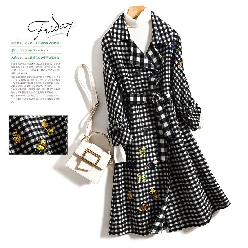 

2019 autumn and winter high quality cashmere coat was thin embroidered plaid wool ladies