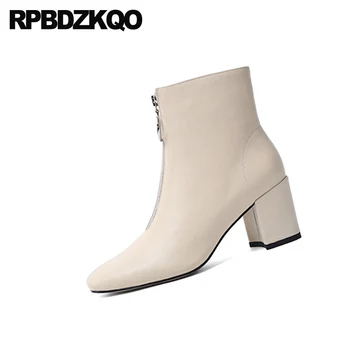 

front zipper 2019 luxury brand shoes women ankle short fashion square toe booties genuine leather high heel winter boots chunky