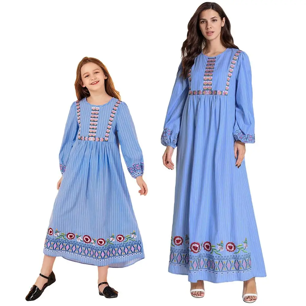 Абая, для мусульман, платье макси для мамы и дочки, с вышивкой, Дубай, Jilbab, исламский халат, одинаковые комплекты для семьи, арабское повседневное синее платье