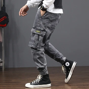 

Fashion Streetwear Men Jeans Loose Fit Black Gray Big Pocket Denim Cargo Pants High Quality Vintage Designer Hip Hop Jeans Men