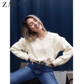 

ZAFUL Winter Solid Women Causal Sweater V Neck Drop Shoulder Fringe Female Pullovers Long Sleeves Knitted Tassel Feminino Jumper