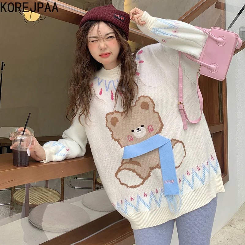 Korejpaa Cartoon Bear Printed Sweater Women Autumn Winter 2021 New Sweet Long-sleeved O-neck Knitted Pullover Femme Casual | Женская