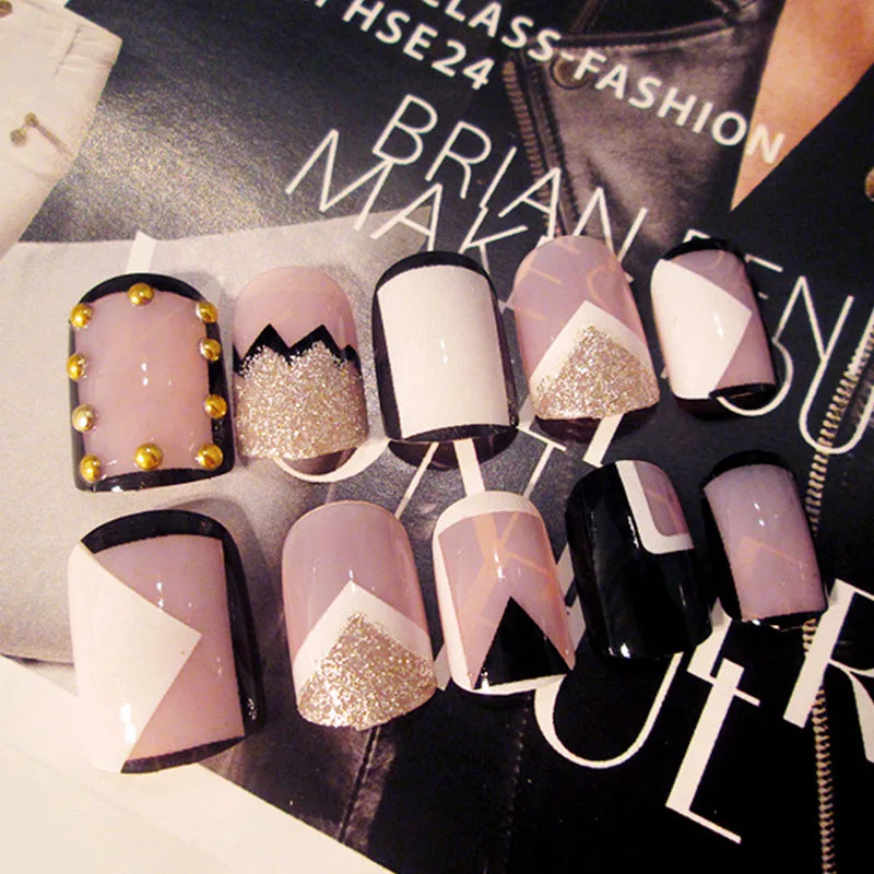 

False Nail Product Geometric Figure Glitter Black Edge Angle Fake Nail Tips Press on Nail Artificial Fake Nails with Glue