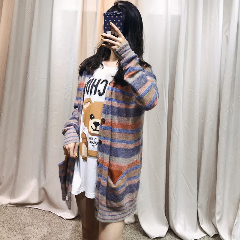 

Mahai Wool Knitted Cardigan Autumn 2019 Color Stripe Matching Comfortable Cardigan Elegant Woman V-Neck Cardigans Sweater Women