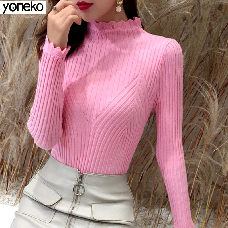 

Yoneko New 2020 Autumn Winter Women Sweater Modern High Elastic Knitting Pullover Triangular Cut Collar Jumper Pull Femme KM640