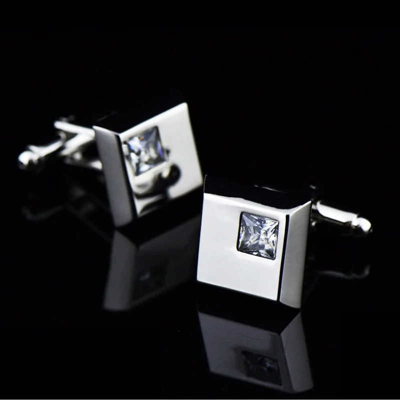 Crystal Cufflinks for Men in Square Shape Rhinestone Cuff Button Silver