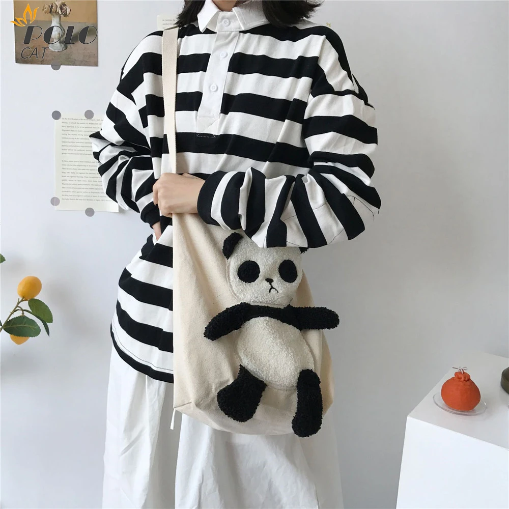 

Women Panda Like Fabric Shoulder Bag Simple Canvas Handbag Tote Large Capacity Embroidery Shopping Bag Cute Book Bags For Girls