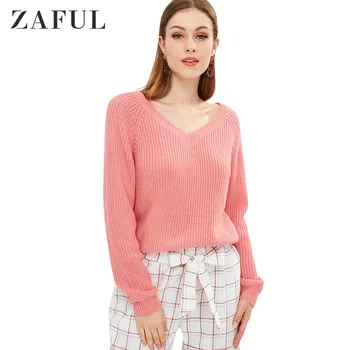 

ZAFUL V-Neckline Pullover Raglan Sleeve Sweater Solid Color Micro-Elastic Pullovers Long Sleeves Autumn Winter Modern One Size