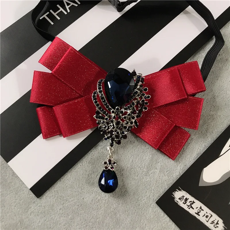 Highend Fabric Bow Tie Brooch Fashion Rhinestone Bowknot Necktie Lapel Pins And Brooches