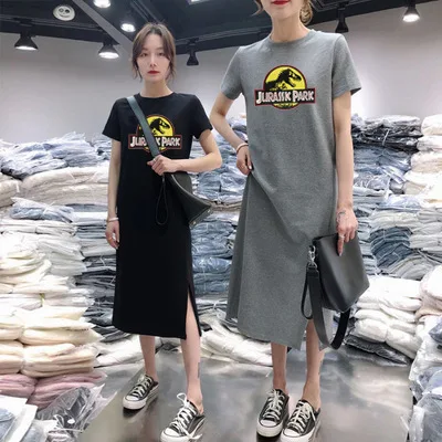 

Korean-style New Style Short Sleeve Women's T-shirt Dress Summer Large Size Loose-Fit Mid-length Cartoon Dress Women's Pullover