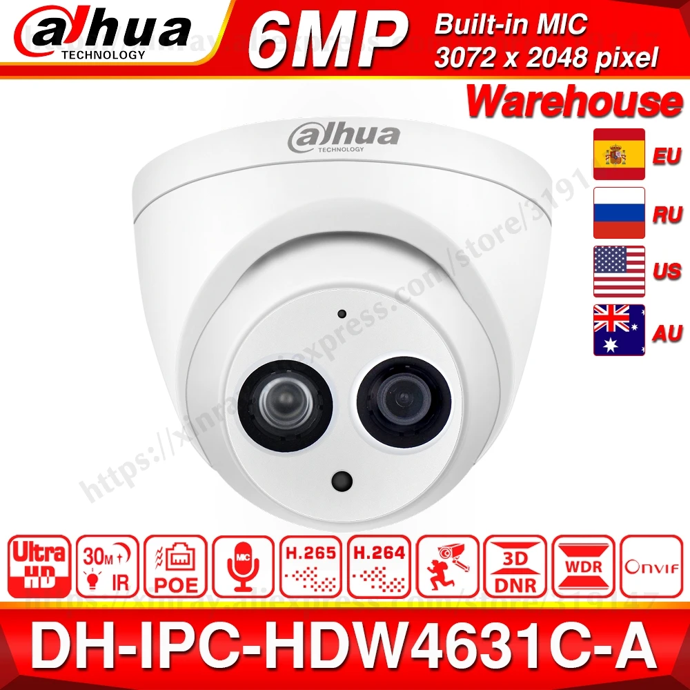 DH IPC-HDW4631C-A 6MP HD POE, сетевые мини купольные ip-камеры металлический корпус Встроенный микрофон CCTV камера 30 м IR ночного видения Dahua OEM IK10