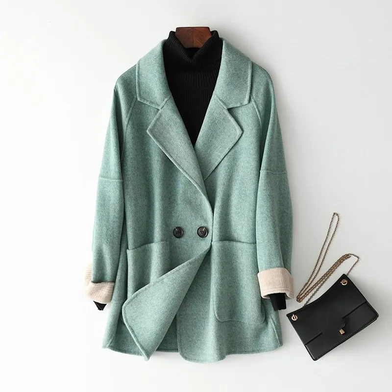 

2019 Midi Pocket Elegant Coat Women Turn Down Collar Woolen Coat Two Button Design Autumn Warm Coat Casaco Feminino