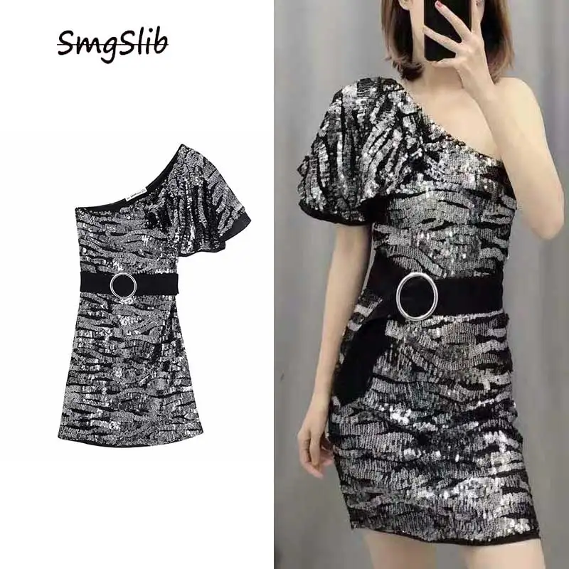 

2020 england style single shoulder sexy Sequins Gauze Christmas party mini dress women vestidos de fiesta de noche vestidos
