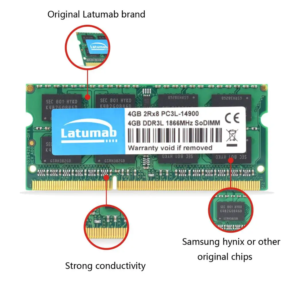 Latumab 4 ГБ 8 ГБ DDR3L 1866 МГц PC3L 14900 память ноутбука ОЗУ SODIMM 204 шпильки ноутбук превосходного качества модуль SODIMM 1,35 в ram